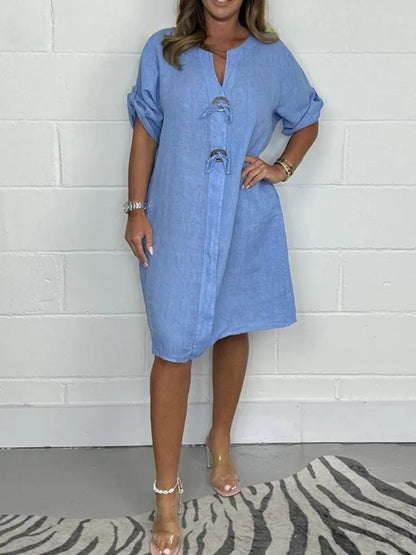 Vestido Alice de Lino y Algodón con Botones - ¡El Más Deseado por las Mujeres Elegantes!