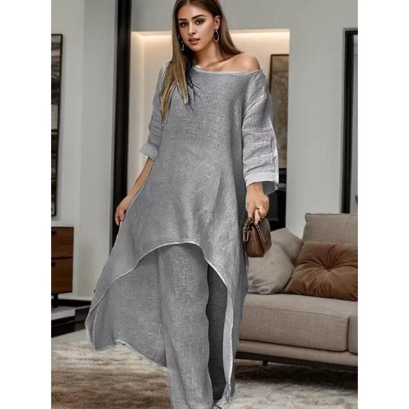 Conjunto Feminino Longo em Linho com Cintura Alta