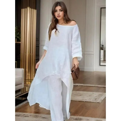 Conjunto Feminino Longo em Linho com Cintura Alta