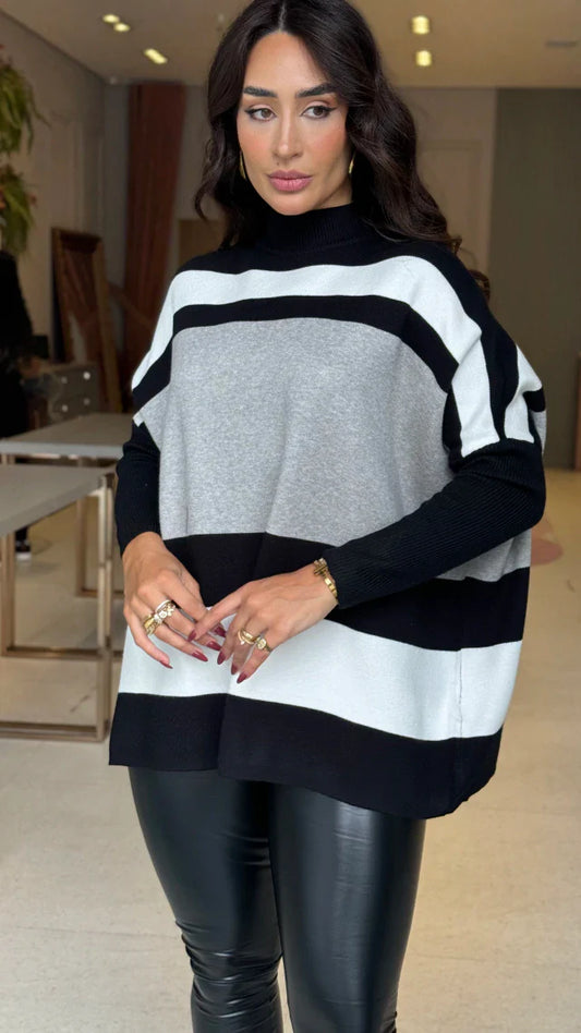 Conjunto Poncho Tricot Listrado Preto
